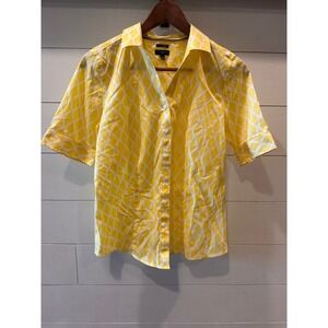 Talbots Petites Yellow White Geometric Button Down Shirt Wrinkle Resistant 8P